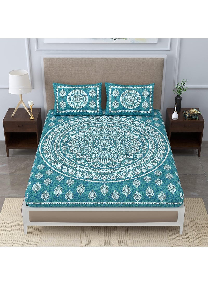 Colorish Cotton Blend Traditional Mandala Jaipuri Printed Bedsheet for Double Bed King Size with 2 Pillow Covers Sea Green H603 120 TC
