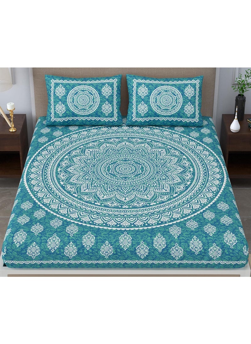 Colorish Cotton Blend Traditional Mandala Jaipuri Printed Bedsheet for Double Bed King Size with 2 Pillow Covers Sea Green H603 120 TC
