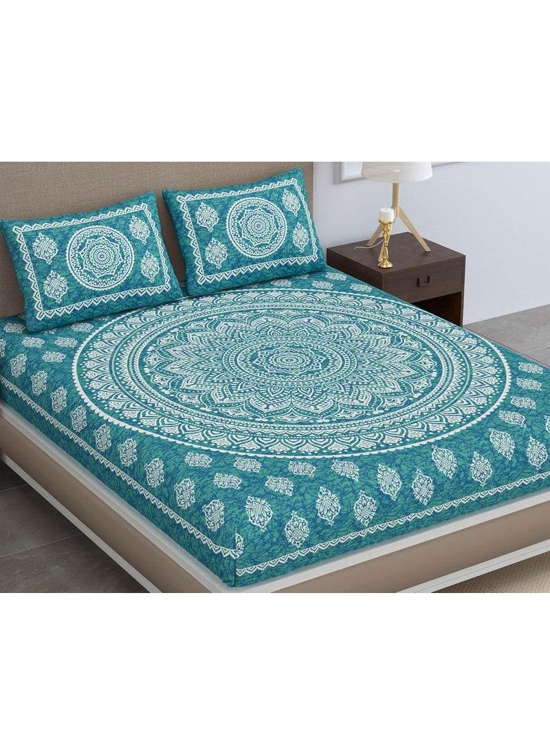 Colorish Cotton Blend Traditional Mandala Jaipuri Printed Bedsheet for Double Bed King Size with 2 Pillow Covers Sea Green H603 120 TC