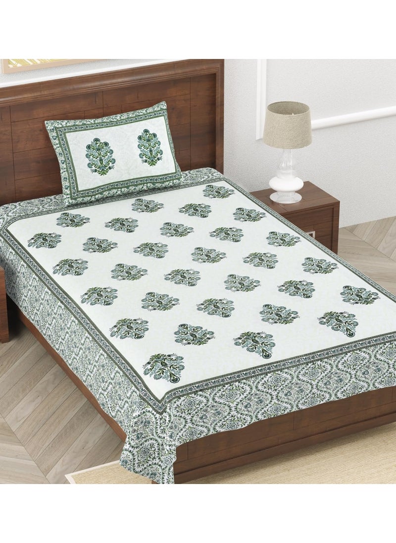 elanorhomes Pure Cotton Single Bed Sheet 240 TC 60x90 with Pillow Cover Breathable Soft Bedsheet Green Fulwari Print