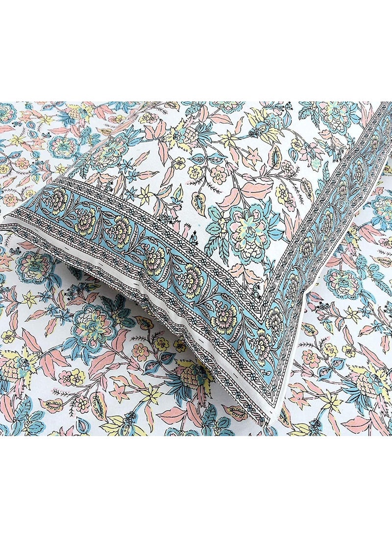 elanorhomes Cotton Single Bedsheet 240 TC 60x90 with Pillow Cover Rose Azure Print Summer Comfort Bed Sheet