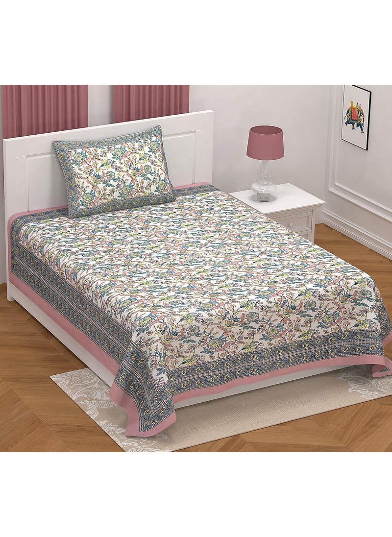 elanorhomes Cotton Single Bedsheet 240 TC 60x90 with Pillow Cover Rose Azure Print Summer Comfort Bed Sheet