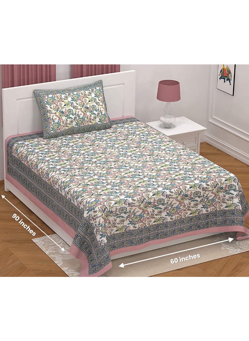 elanorhomes Cotton Single Bedsheet 240 TC 60x90 with Pillow Cover Rose Azure Print Summer Comfort Bed Sheet