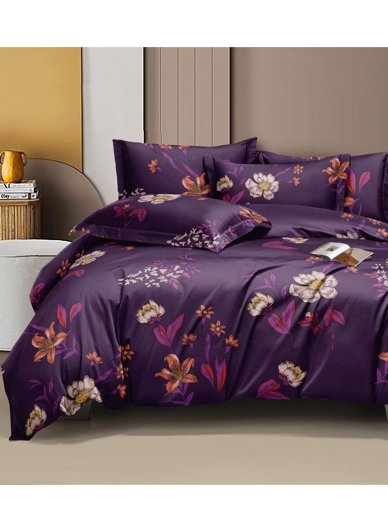 DECOR2ADMIRE 300 TC Soft Glace Cotton Queen Size Abstract Printed Premium Double Bedsheet with Two King Size Pillow Covers for Home 90 x 100 Violet Floral