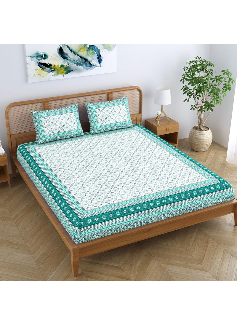 Colorish Cotton Blend Traditional Floral Jaipuri Block Printed Double Bedsheet King Size with 2 Pillow Covers Turquoise Green