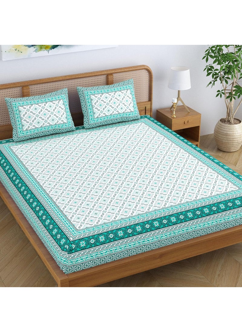 Colorish Cotton Blend Traditional Floral Jaipuri Block Printed Double Bedsheet King Size with 2 Pillow Covers Turquoise Green