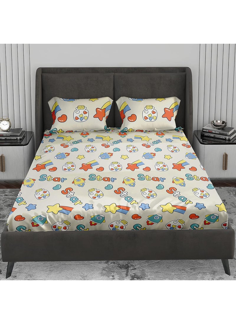 LABHAM Kids Mania 140GSM Glace Cotton Floral Abstract Print Super Soft Double Bed King Size Bedsheet 90 x 100 with 2 Pillow Covers White Yellow Blue