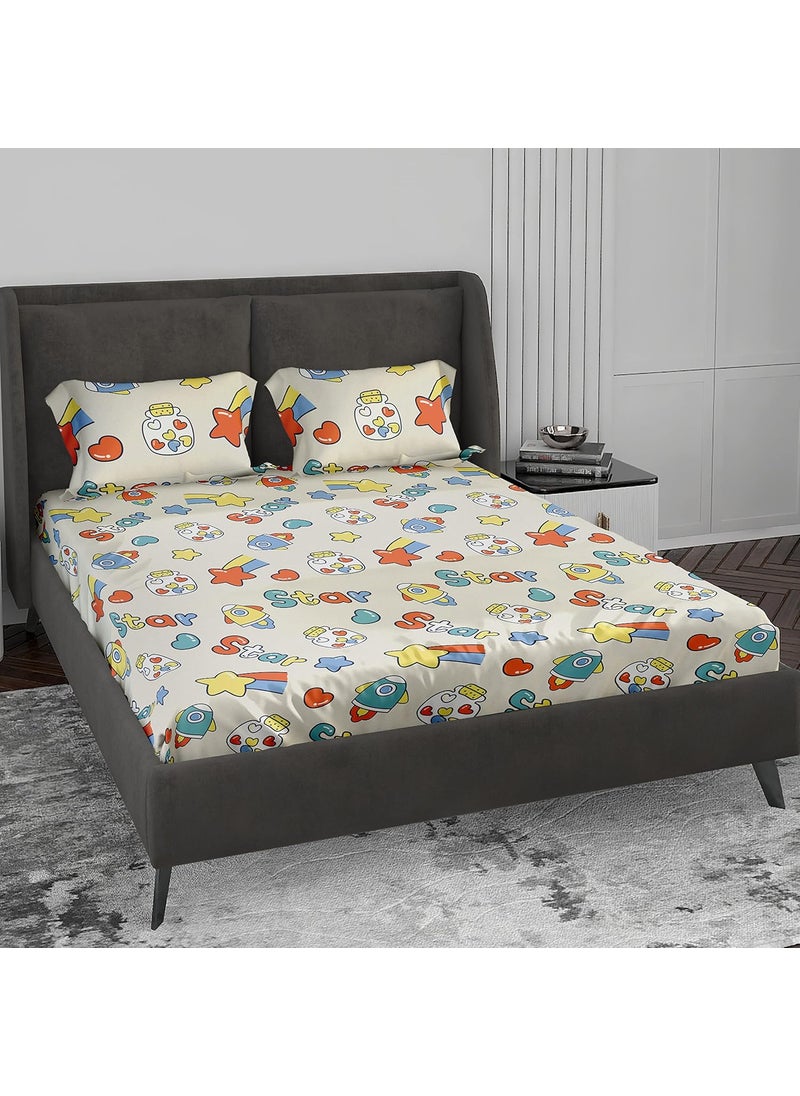 LABHAM Kids Mania 140GSM Glace Cotton Floral Abstract Print Super Soft Double Bed King Size Bedsheet 90 x 100 with 2 Pillow Covers White Yellow Blue