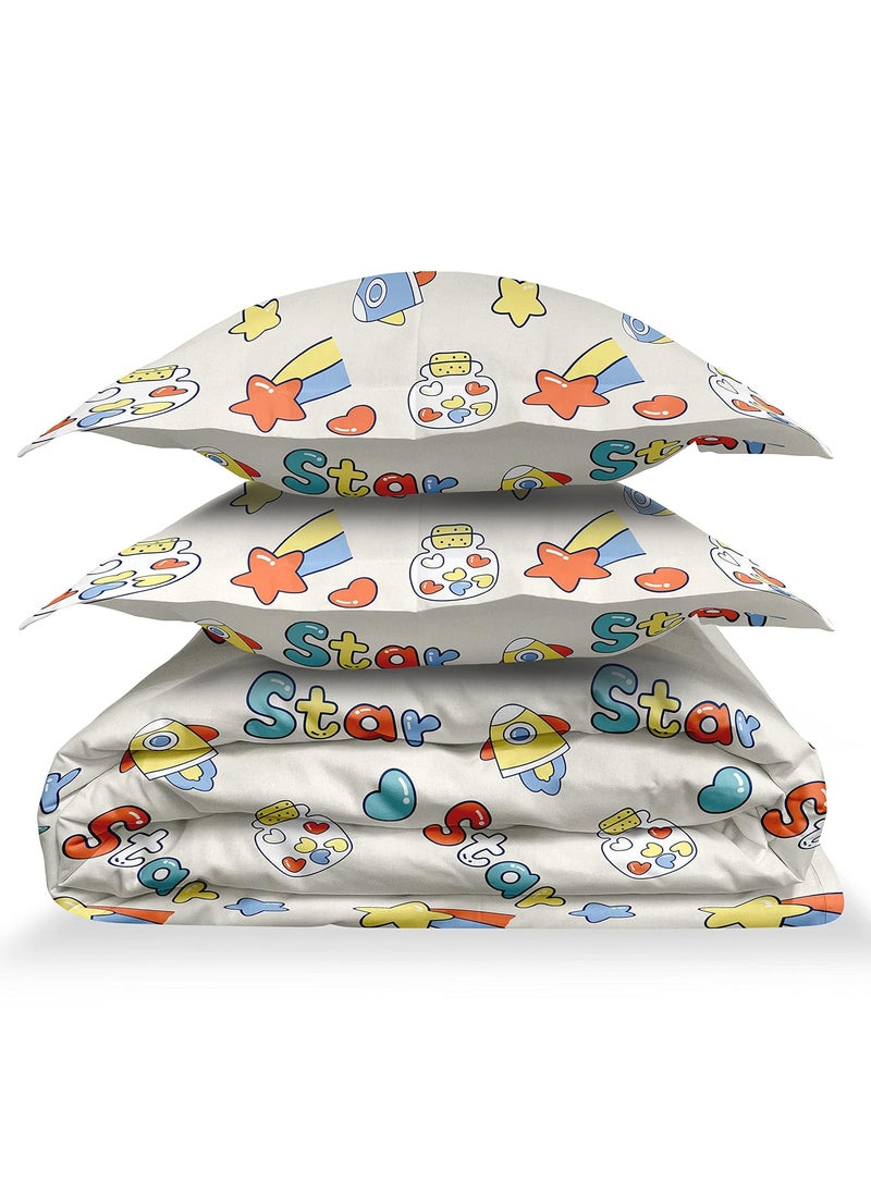 LABHAM Kids Mania 140GSM Glace Cotton Floral Abstract Print Super Soft Double Bed King Size Bedsheet 90 x 100 with 2 Pillow Covers White Yellow Blue