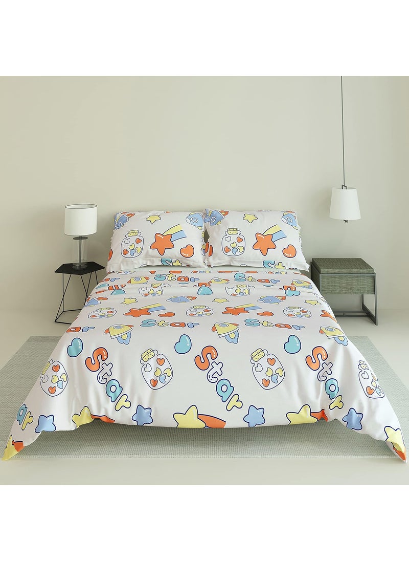 LABHAM Kids Mania 140GSM Glace Cotton Floral Abstract Print Super Soft Double Bed King Size Bedsheet 90 x 100 with 2 Pillow Covers White Yellow Blue