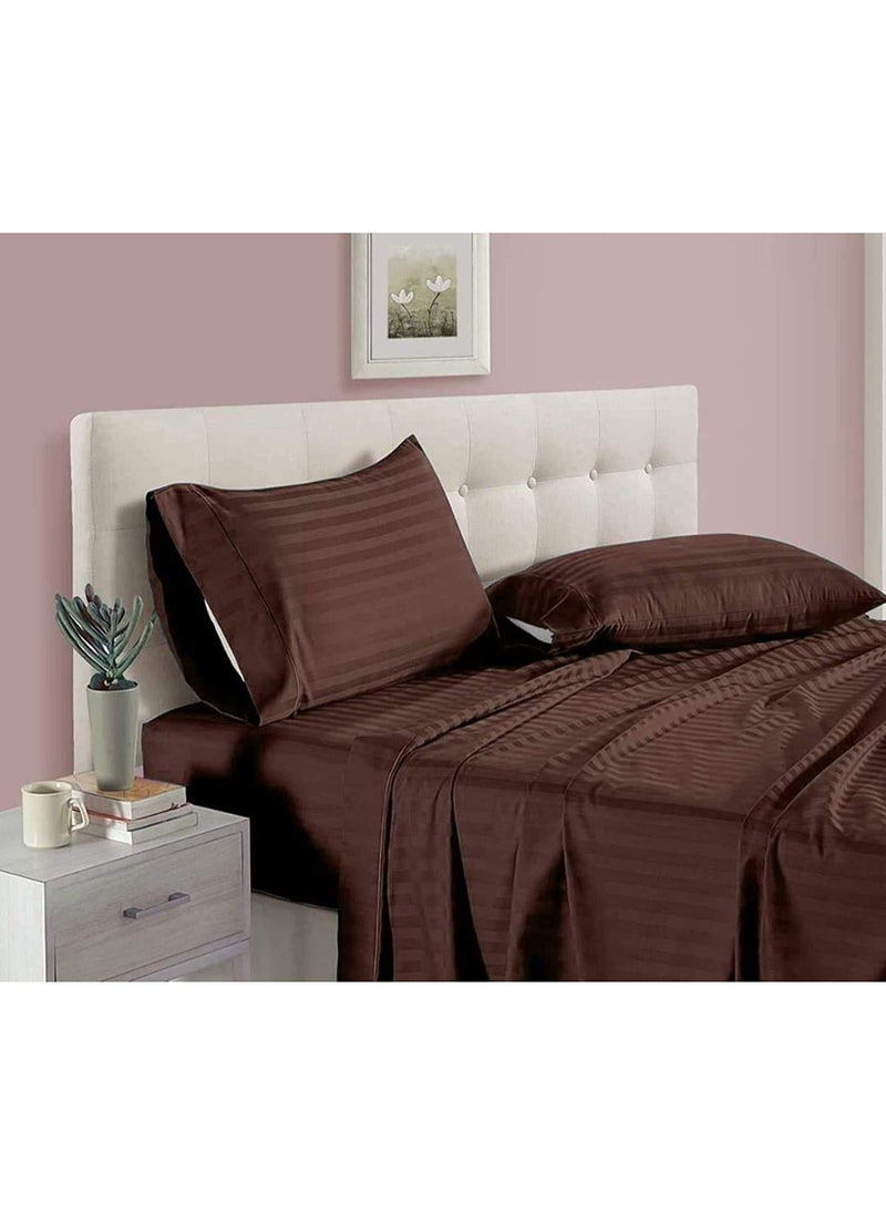 Fablicious Glace Cotton Satin Stripe Plain Color Bedsheet for Double Bed with Two Pillow Covers King Size 90 x 100 Inch Coffee