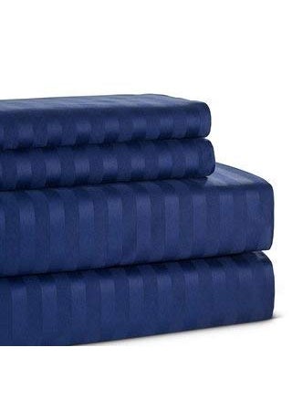Lomezo 300 TC Cotton Satin Striped Double Queen Size Bedsheet with 2 Pillow Covers King Size Plain Premium Luxury Hotel Collection Solid Stripes 90 x 100 Blue