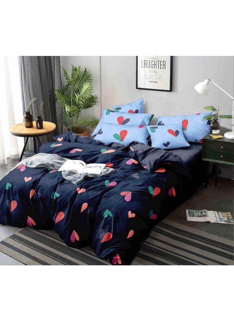 Fablicious Polycotton Hearts Printed Bedsheet for Double Bed with 2 Pillow Covers Blue 90 X 100 Inches