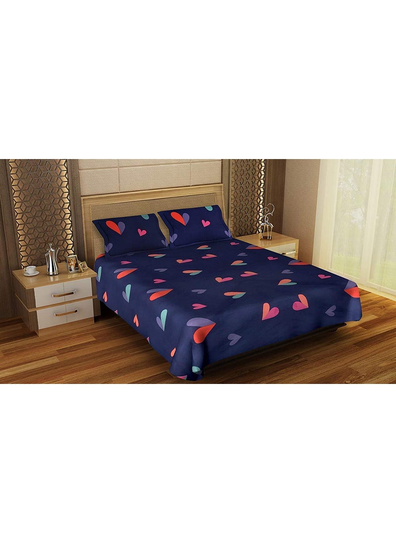 Fablicious Polycotton Hearts Printed Bedsheet for Double Bed with 2 Pillow Covers Blue 90 X 100 Inches