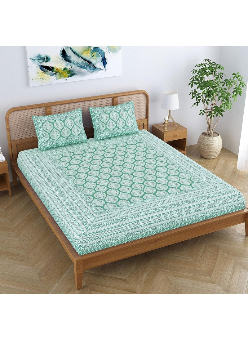 Colorish Cotton Blend Traditional Jaipuri Floral Motifs Printed Premium Bedsheet for Double Bed King Size with 2 Pillow Covers Light Turquoise Proudly Made in India