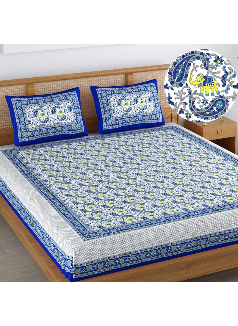 Colorish 120 TC Cotton Blend Elephant Printed Jaipuri Bedsheet for Double Bed King Size with 2 Pillow Covers Indigo Blue