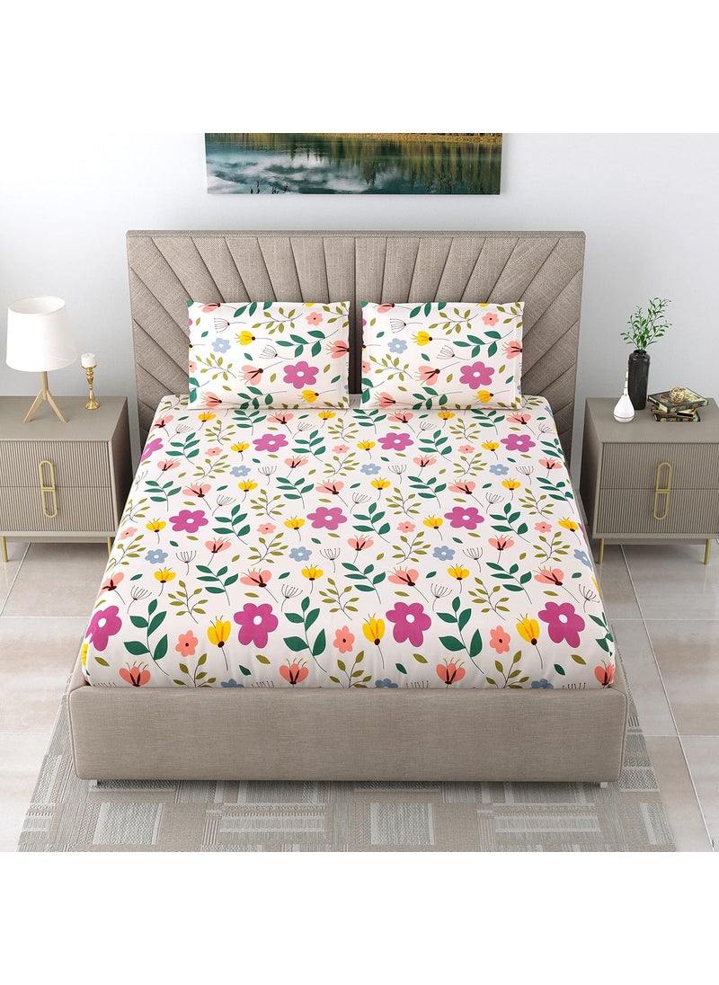 EasyGoods Super Soft Twilight Floral Bedsheet Bedsheet for Double Bed King Size Double Bedsheet with 2 Pillow Covers Premium Printed Flat Bed Sheet 106x107 inchOff White