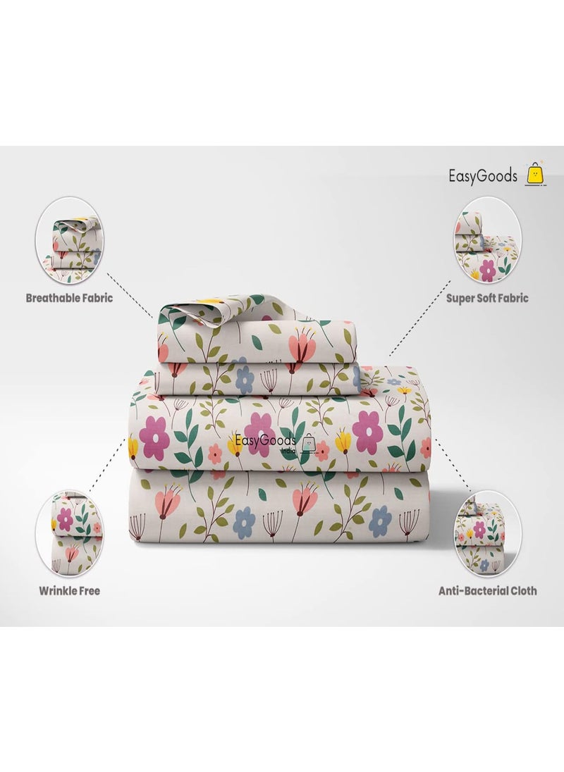 EasyGoods Super Soft Twilight Floral Bedsheet Bedsheet for Double Bed King Size Double Bedsheet with 2 Pillow Covers Premium Printed Flat Bed Sheet 106x107 inchOff White
