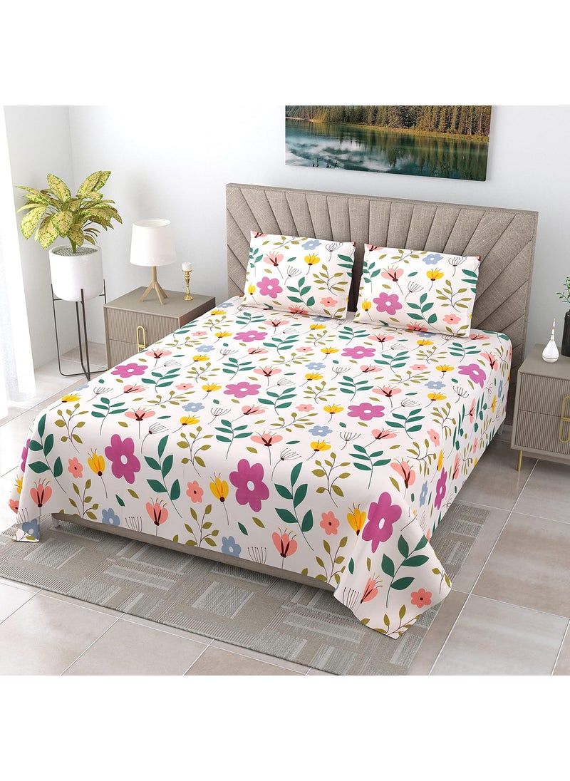 EasyGoods Super Soft Twilight Floral Bedsheet Bedsheet for Double Bed King Size Double Bedsheet with 2 Pillow Covers Premium Printed Flat Bed Sheet 106x107 inchOff White