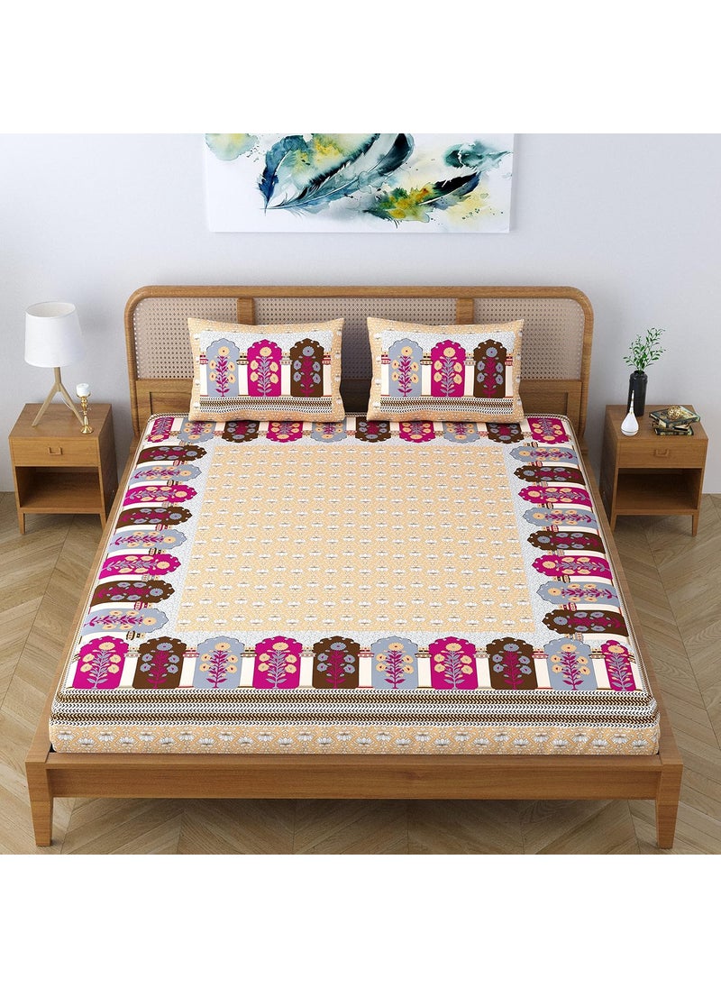 Colorish Cotton Blend Glory Floral Printed Jaipuri Bedsheet for Double Bed King Size with 2 Pillow Covers Orange Crush