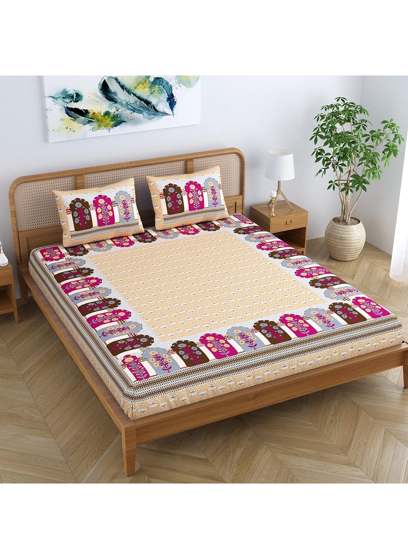 Colorish Cotton Blend Glory Floral Printed Jaipuri Bedsheet for Double Bed King Size with 2 Pillow Covers Orange Crush