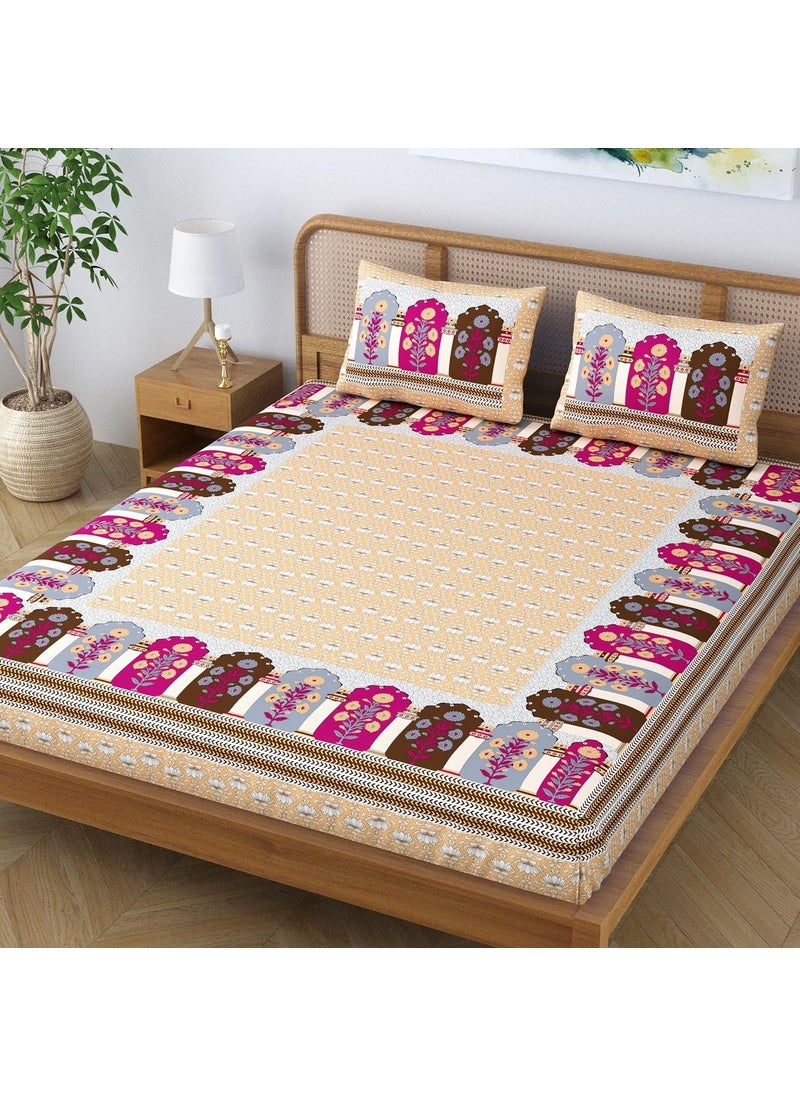 Colorish Cotton Blend Glory Floral Printed Jaipuri Bedsheet for Double Bed King Size with 2 Pillow Covers Orange Crush