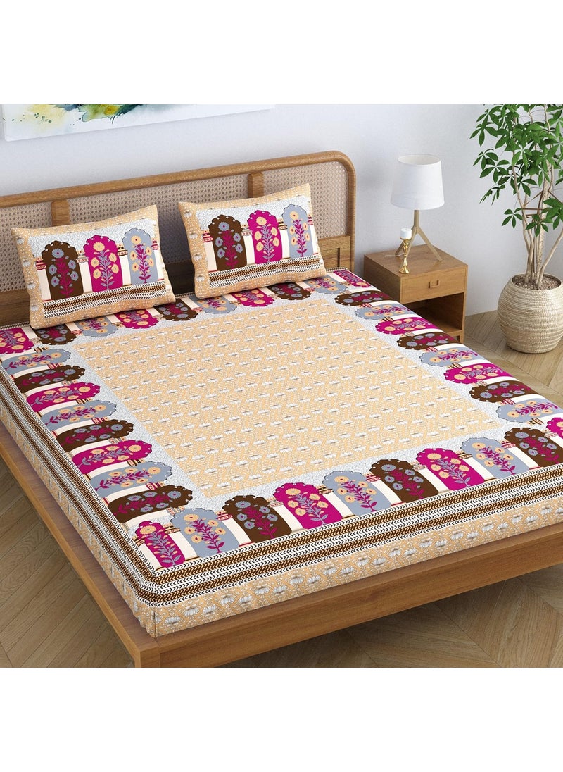 Colorish Cotton Blend Glory Floral Printed Jaipuri Bedsheet for Double Bed King Size with 2 Pillow Covers Orange Crush