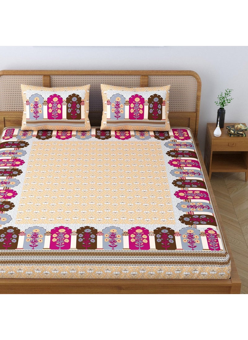 Colorish Cotton Blend Glory Floral Printed Jaipuri Bedsheet for Double Bed King Size with 2 Pillow Covers Orange Crush