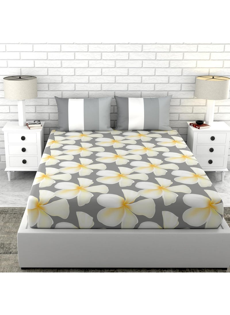 LORETO A QUALITY LINEN BRAND 100 Cotton Bedsheet for Double Bed 1 Double Bedsheet with 2 Pillow Covers 144 TC Queen Size Double Bedsheet Cotton Floral White Grey
