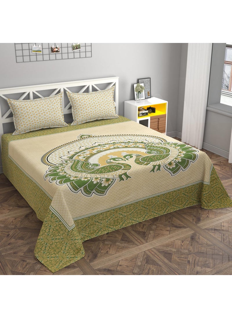 REALDREAM bedsheet for Double Bed Flat Double bedsheet Glace Cotton with 2 Pillow Cover 90 x 100 Inches PeacockYellow