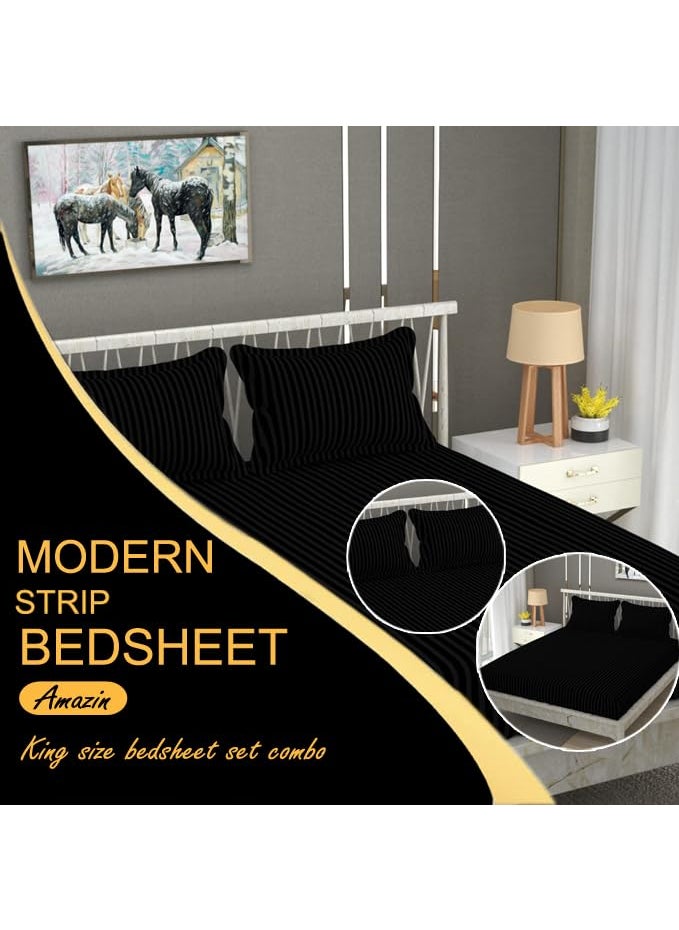 Fresh From Loom King Size Strip Bedsheet with 2 Pillow Covers Black Color Size 108 x 108 inch