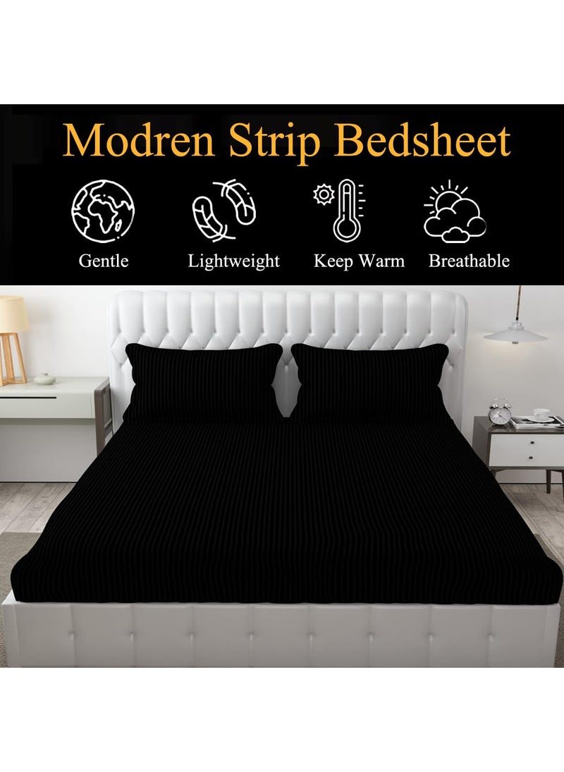 Fresh From Loom King Size Strip Bedsheet with 2 Pillow Covers Black Color Size 108 x 108 inch