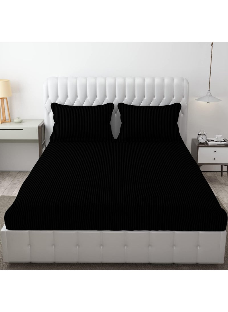 Fresh From Loom King Size Strip Bedsheet with 2 Pillow Covers Black Color Size 108 x 108 inch