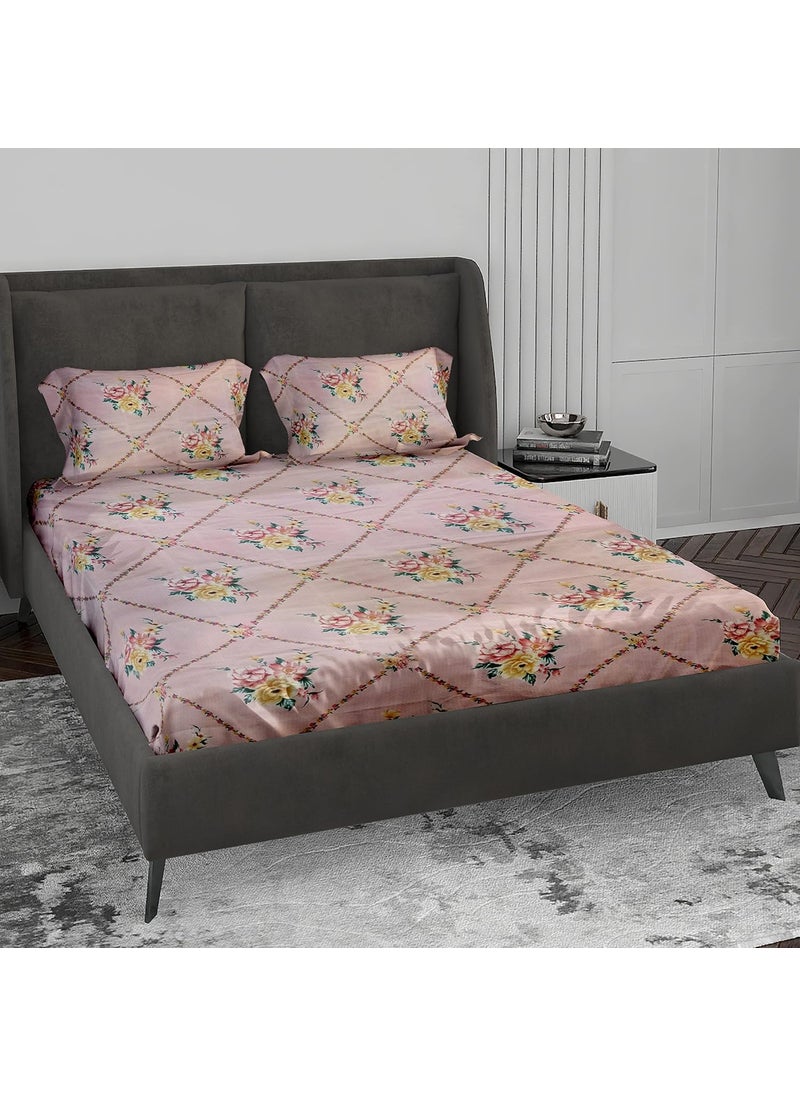 LABHAM Crystal 140Gsm Glace Cotton Floral Abstract Print Super Soft Double Bed King Size Bedsheet 90 x 100 with 2 Pillow Covers Pink Yellow RedCRDB04
