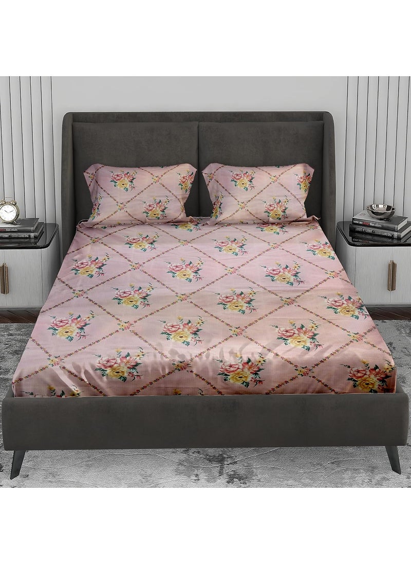 LABHAM Crystal 140Gsm Glace Cotton Floral Abstract Print Super Soft Double Bed King Size Bedsheet 90 x 100 with 2 Pillow Covers Pink Yellow RedCRDB04