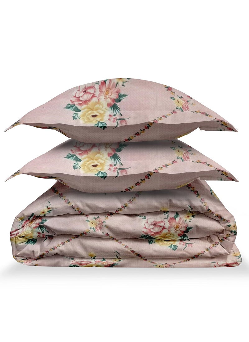 LABHAM Crystal 140Gsm Glace Cotton Floral Abstract Print Super Soft Double Bed King Size Bedsheet 90 x 100 with 2 Pillow Covers Pink Yellow RedCRDB04
