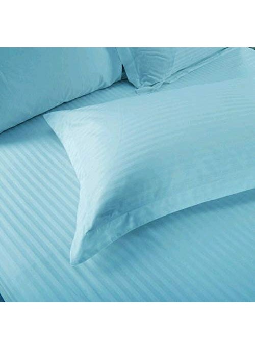 Lomezo 300 TC Cotton Satin Striped Double Queen Size Bedsheet with 2 Pillow Covers King Size Plain Premium Luxury Hotel Collection Solid Stripes 90 x 100 Sky Blue