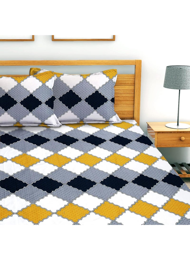AEROHAVEN 180TC Glace Cotton Abstract Flat Double Bedsheet with 2 Pillow Covers GCB22 Grey Yellow