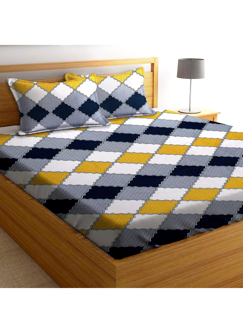 AEROHAVEN 180TC Glace Cotton Abstract Flat Double Bedsheet with 2 Pillow Covers GCB22 Grey Yellow