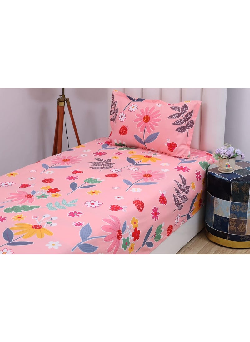 PRINDA Presents Single Flat Bedsheets Size90 inch x 60 inch with 1 Pillow Cover 18 inch X 28 inch ColorPeach