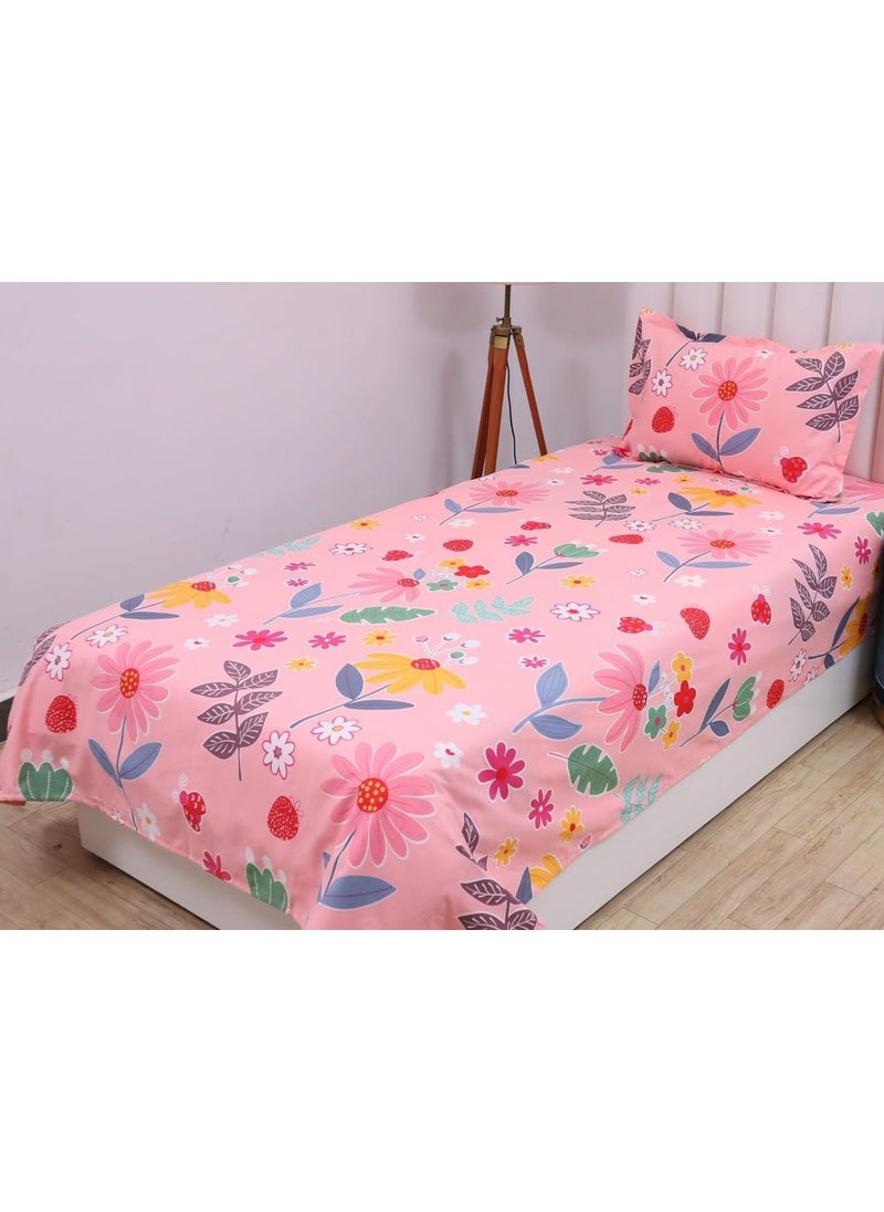 PRINDA Presents Single Flat Bedsheets Size90 inch x 60 inch with 1 Pillow Cover 18 inch X 28 inch ColorPeach