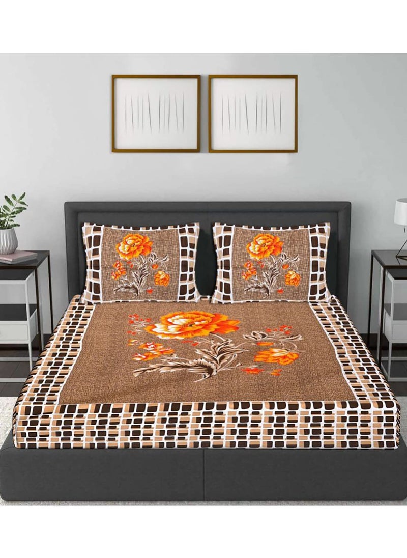 HOMETALES Brown Cotton Queen Jaipuri Bedsheet with 2 Pillow Covers