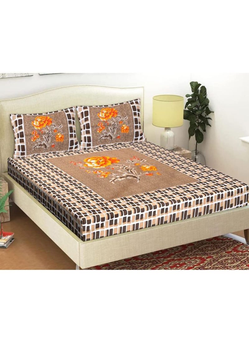 HOMETALES Brown Cotton Queen Jaipuri Bedsheet with 2 Pillow Covers
