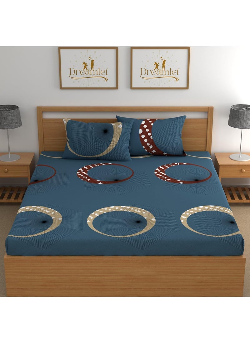 DREAMLET Premium Glace Cotton Elastic Fitted Bedsheets with 2 Full Size Pillow Covers Double Bedsheet with All Around Elastic Supersoft 160TC Size 90100 inches Navy Fitted