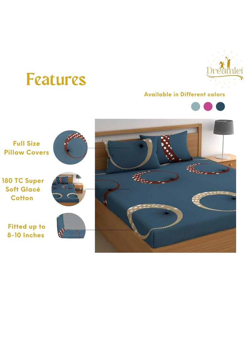 DREAMLET Premium Glace Cotton Elastic Fitted Bedsheets with 2 Full Size Pillow Covers Double Bedsheet with All Around Elastic Supersoft 160TC Size 90100 inches Navy Fitted