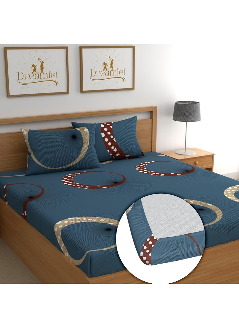 DREAMLET Premium Glace Cotton Elastic Fitted Bedsheets with 2 Full Size Pillow Covers Double Bedsheet with All Around Elastic Supersoft 160TC Size 90100 inches Navy Fitted