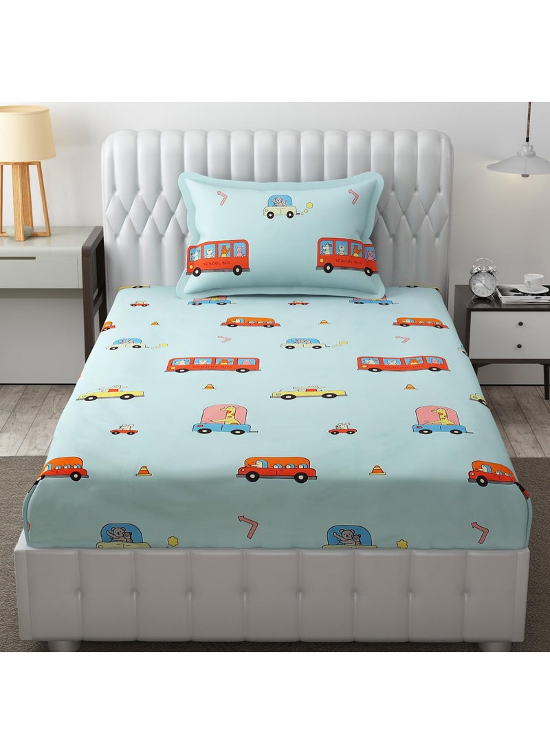 FRESH FROM LOOM Glace Cotton Wrinkle Free Soft Hypoallergenic Bed Sheet Cartoon Printed Single Bedsheet Kids Bedsheet For Boys Girls Room With 1 Pillow Cover 60X90 InchesAquaBus 144 tc