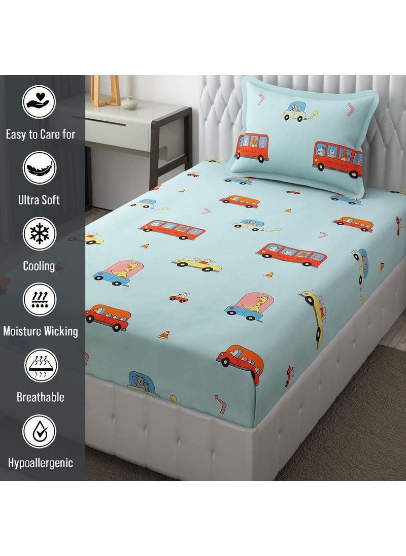 FRESH FROM LOOM Glace Cotton Wrinkle Free Soft Hypoallergenic Bed Sheet Cartoon Printed Single Bedsheet Kids Bedsheet For Boys Girls Room With 1 Pillow Cover 60X90 InchesAquaBus 144 tc