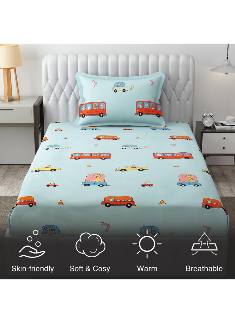 FRESH FROM LOOM Glace Cotton Wrinkle Free Soft Hypoallergenic Bed Sheet Cartoon Printed Single Bedsheet Kids Bedsheet For Boys Girls Room With 1 Pillow Cover 60X90 InchesAquaBus 144 tc