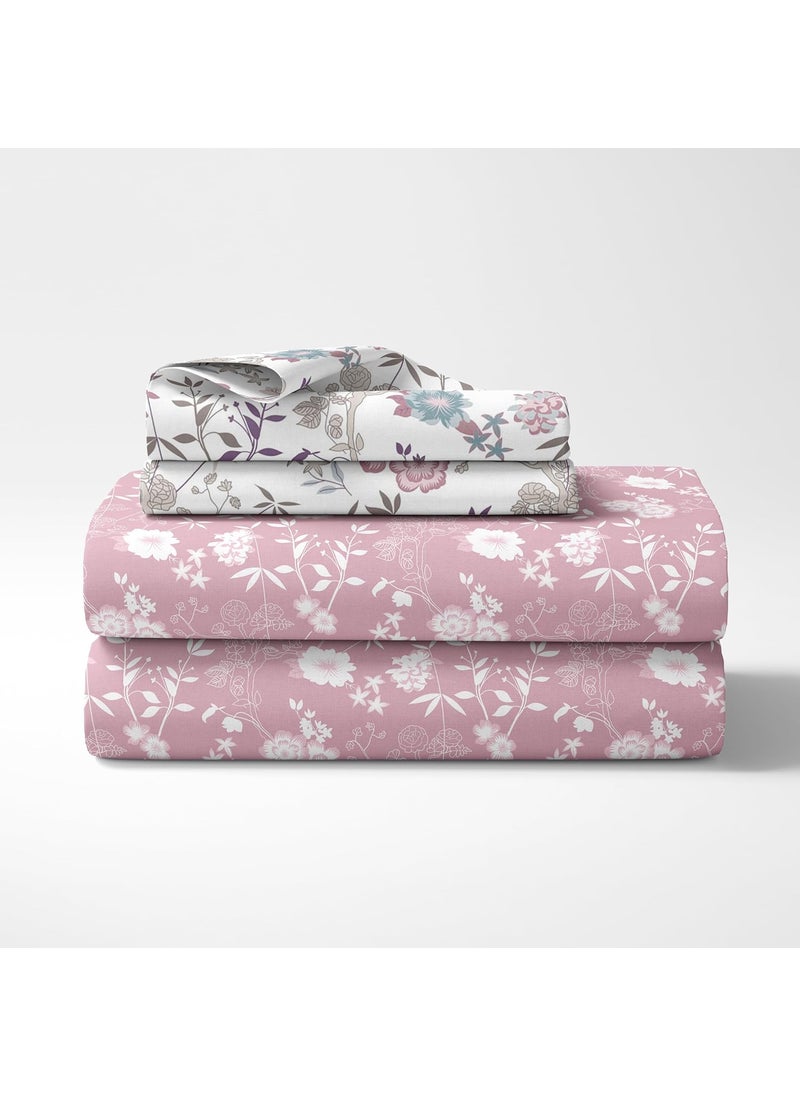 LORETO A QUALITY LINEN BRAND 100 Pure Cotton Bedsheet for Single Bed 144TC Soft Breathable Single Bed Sheet with Pillow Cover Soft Pink Florals 54 x 84 Inches